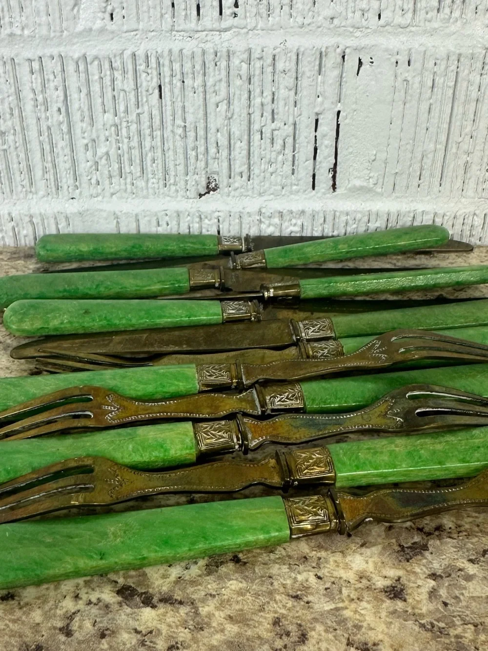 Set of 12 Antique French Vermeil Green Handle Fruit Service Flatware Fork Knife